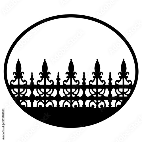 Elegant Black and White Ornate Fence Design in Oval Frame Decorative Element for Wedding Invitation