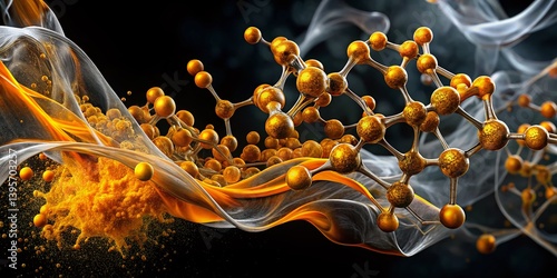Double Exposure: Curcumin Molecular Structure on Black Background - Abstract Science Art