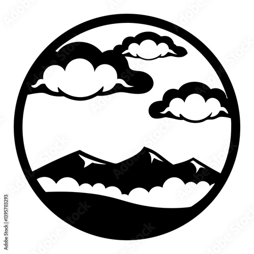 Majestic Mountain Landscape with Fluffy Clouds in a Circular Frame A Stunning Black and White Illustration