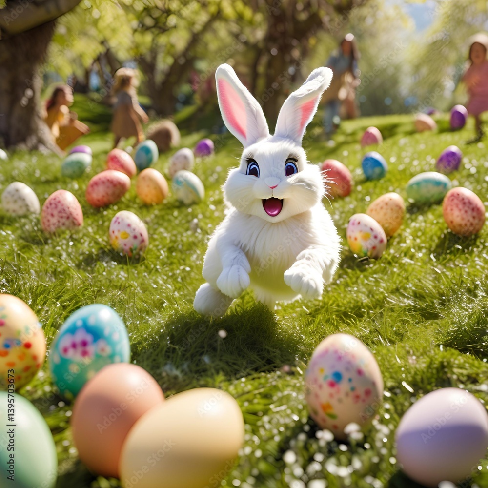 Fototapeta premium Easter bunny running through a meadow full of colorful Easter eggs for a traitional egg hunt with kids following.