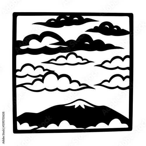 A Stunning Black and White Illustration of a Mountain Landscape with Clouds