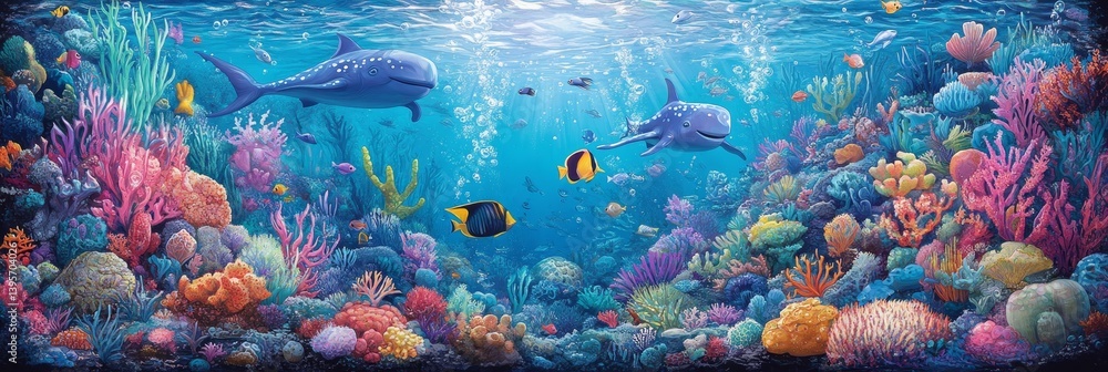Naklejka premium Underwater scene with colorful coral reef and various fish swimming in blue water.