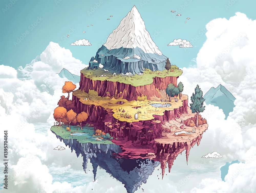 A whimsical, layered floating island in the clouds.