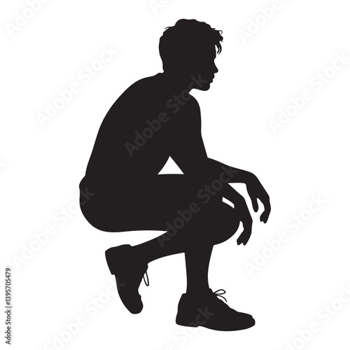 Silhouette of a Man Squatting in Casual Pose - Vector Illustration