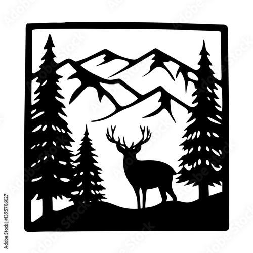 Majestic Deer in Mountainous Winter Landscape Silhouette Art Print