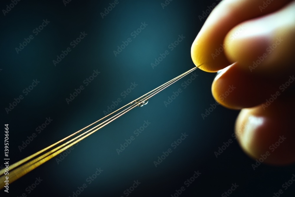 Fingers delicately hold a thin gold strand, highlighting a tiny droplet in a moment of precision and elegance. Fingers delicately hold a thin gold strand, highlighting a tiny droplet in a moment of precision and elegance.