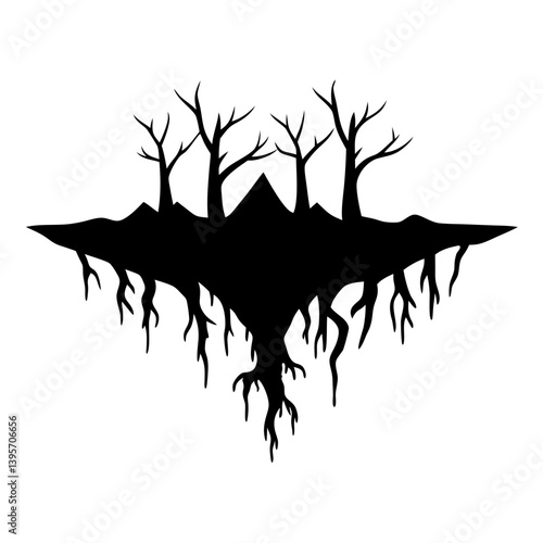 Silhouette of a Floating Island with Barren Trees and Exposed Roots