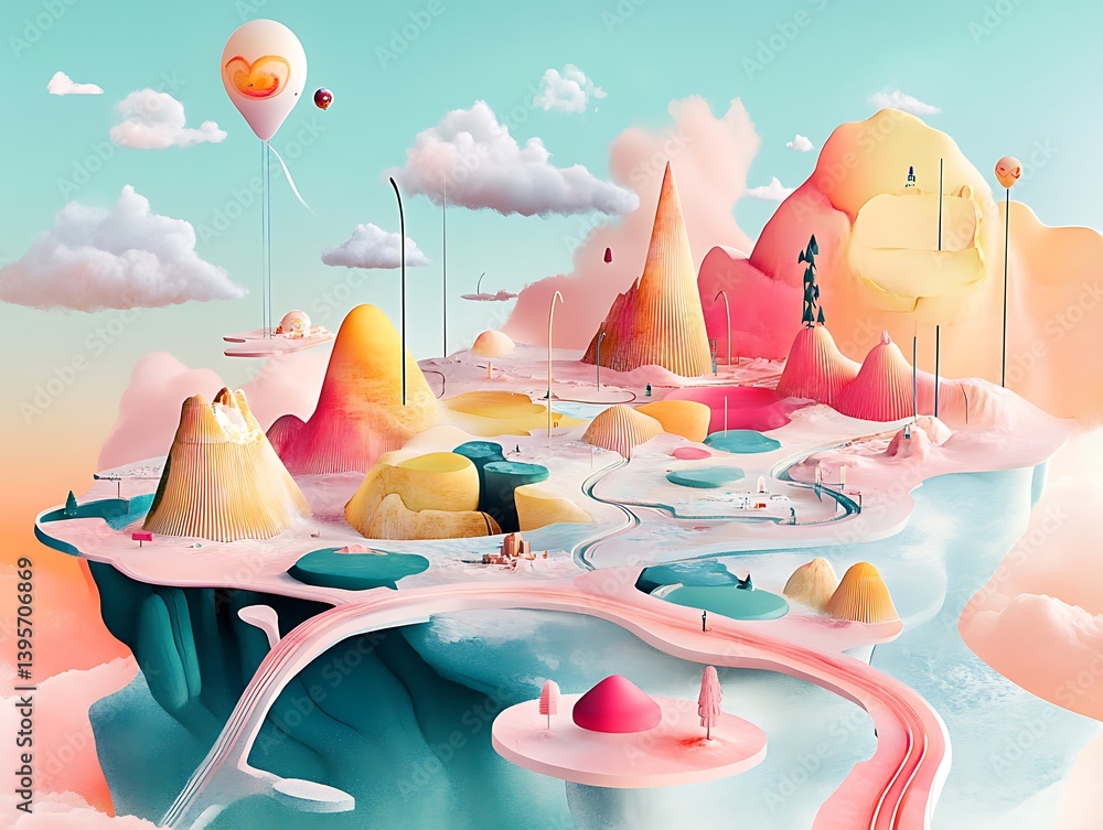 A whimsical, pastel-hued landscape of floating islands, filled with abstract mountains and structures.