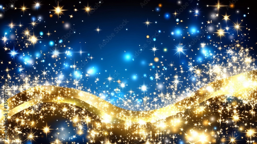 Naklejka premium A dark blue and gold particle background with a Christmas theme features golden light bokeh and shining particles on a navy blue backdrop, complete with a gold foil texture, evoking a festive holiday