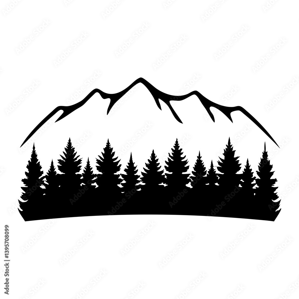 Obraz premium Majestic Mountain Range Silhouette with Evergreen Forest Landscape Illustration