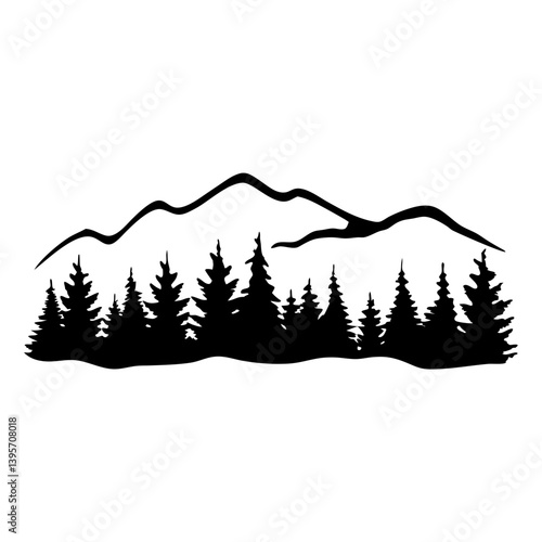 Majestic Mountain Range with Silhouetted Evergreen Forest Landscape Illustration