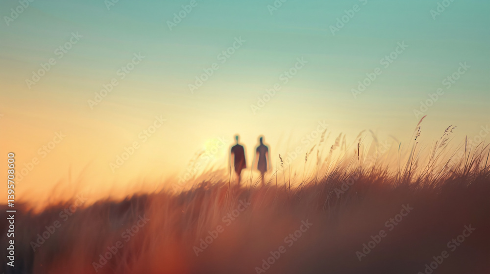 Minimalistic soft background with nature fields and two people walking away, blurred for serene effect.
Minimalistic soft background with nature fields and two people walking away, blurred for serene effect.