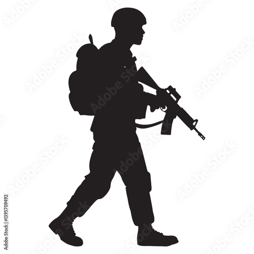 Silhouette of Armed Soldier Walking with Rifle and Backpack - Vector Illustration