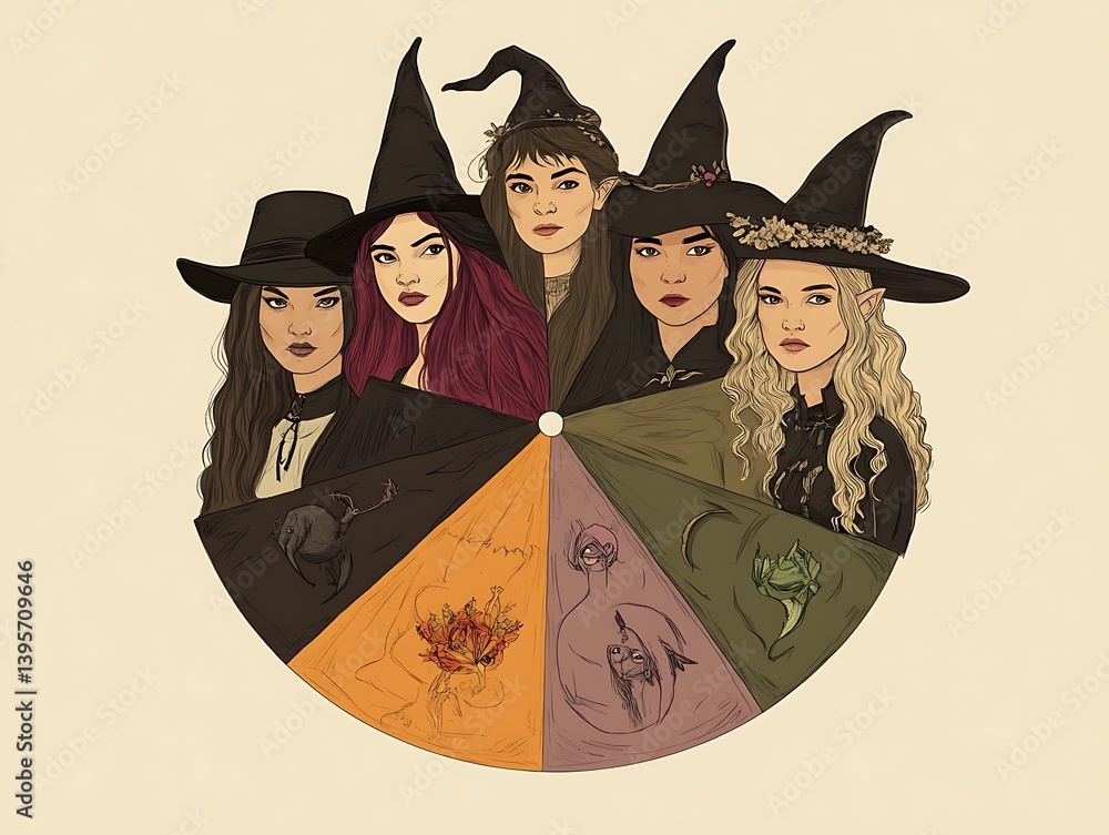 A wheel of witches, showcasing different styles and elements.