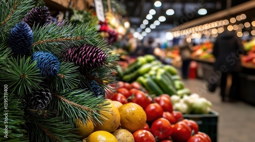 Festive market produce display, winter shoppers