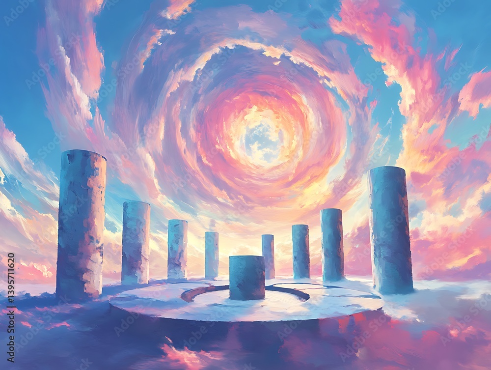 A pastel-hued, surreal landscape of towering pillars amidst swirling clouds.