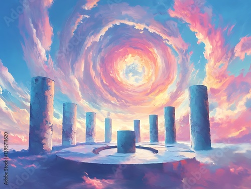 Obraz na płótnie A pastel-hued, surreal landscape of towering pillars amidst swirling clouds. w salonie