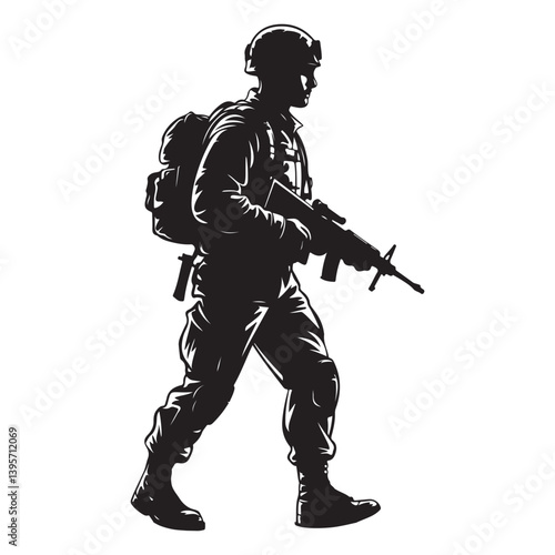 Vector Illustration of Armed Soldier Walking with Rifle and Backpack