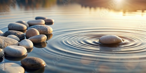 Serene sunset ripples from a smooth stone dropped into calm water, creating concentric circles around a line of tranquil stones