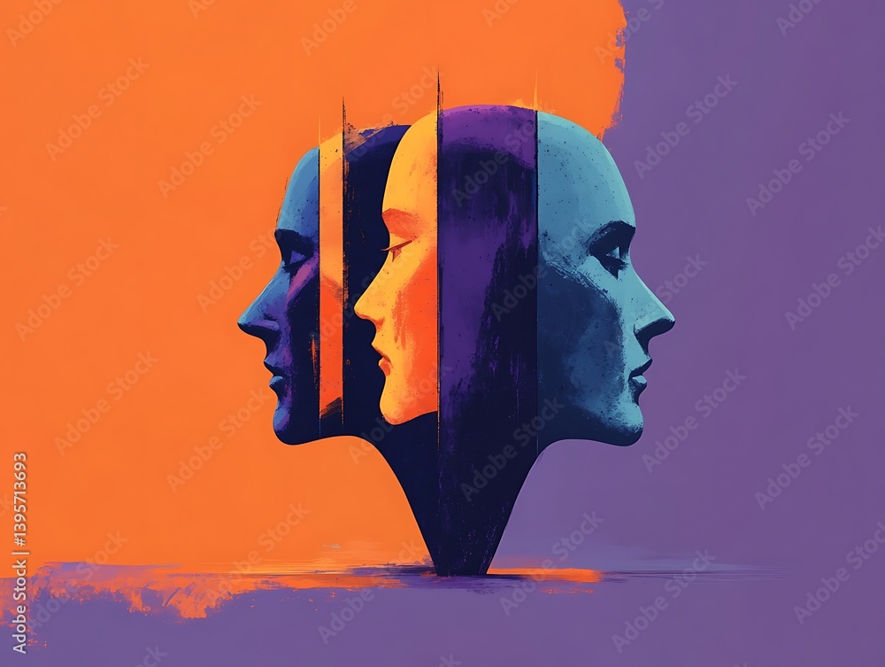 Two faces, divided by color and space, reflecting duality.
