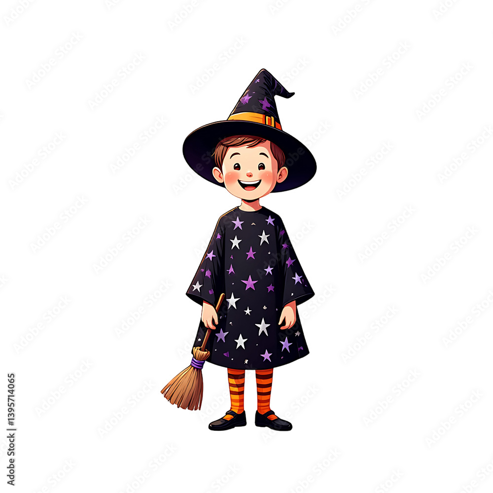 A cheerful child in a witch costume is ready for halloween night, smiling and holding a broom. A cheerful child in a witch costume is ready for halloween night, smiling and holding a broom.
