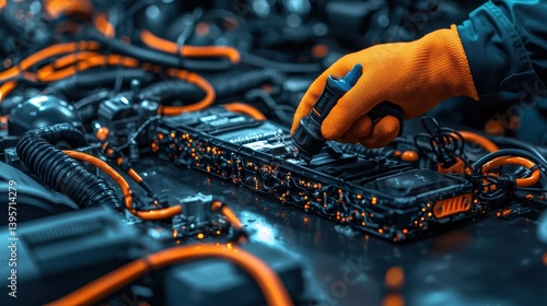 Hybrid Vehicle Maintenance: Mechanic Handling High-Voltage Battery Components with Safety Gloves