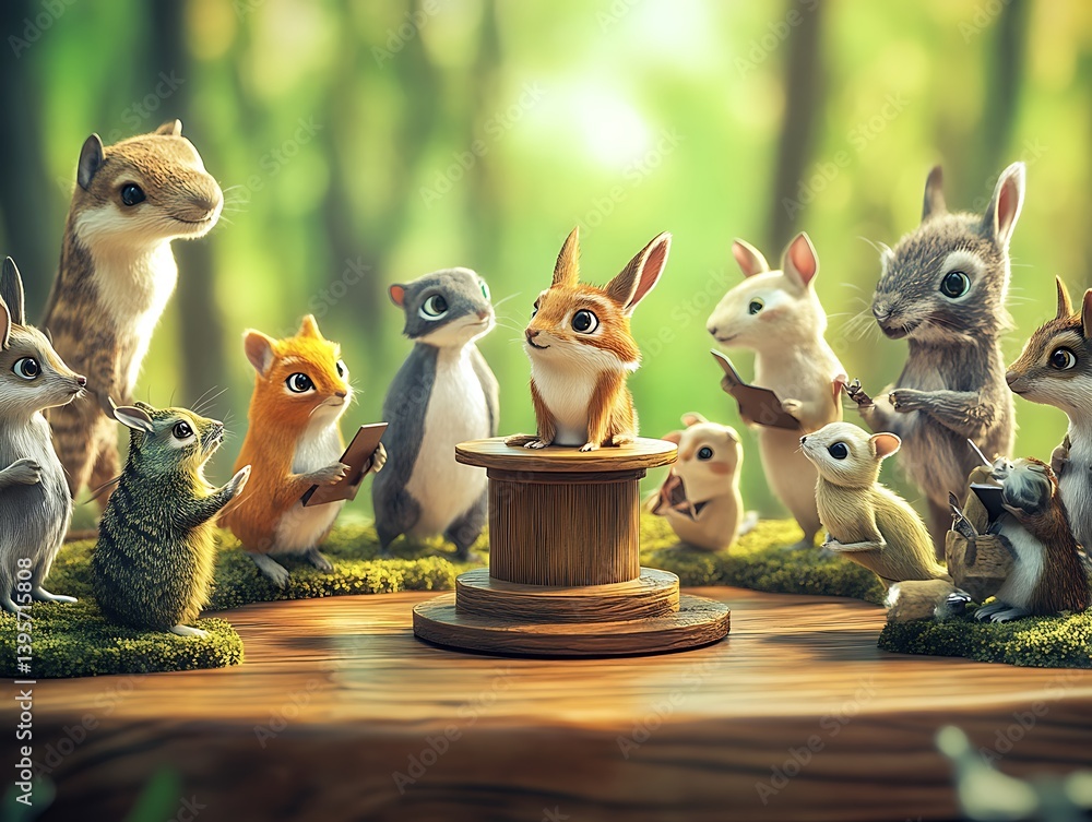 A group of woodland creatures in a forest meeting.