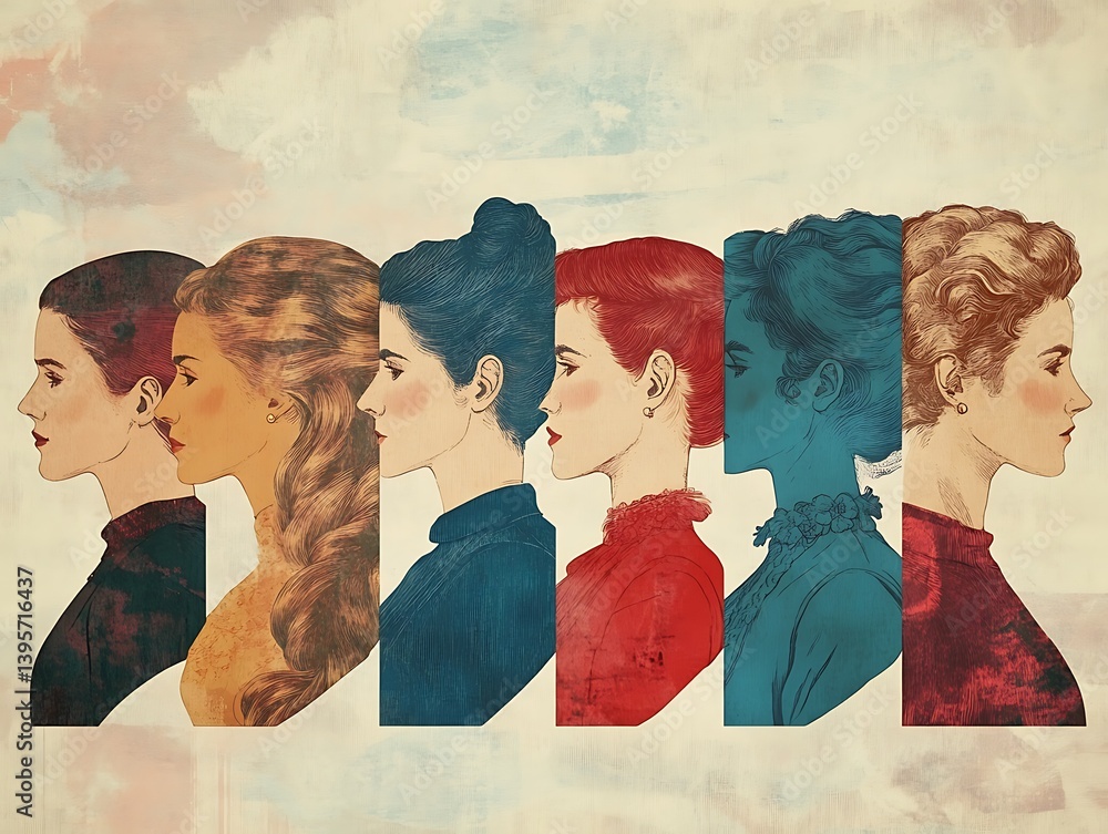 A colorful portrait of five women in profile view, showcasing diverse hairstyles and attire.