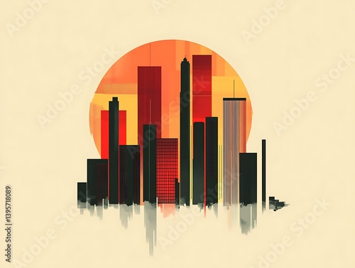 Abstract cityscape at sunset, a vibrant digital art piece.
