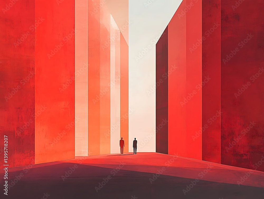 Two figures walk through a vibrant red architectural space.