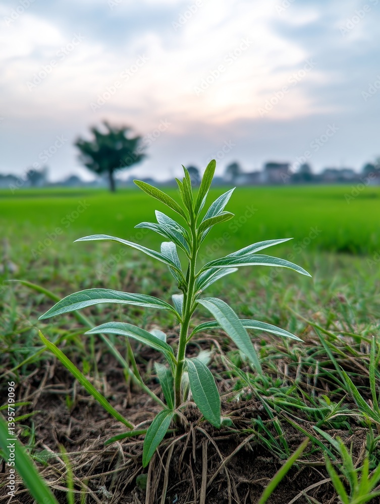 Obraz premium Young Sprout Amidst Countryside Beauty - A young plant emerges, symbolizing growth, resilience, nature's beauty, new beginnings, and hope. The backdrop is a tranquil countryside scene