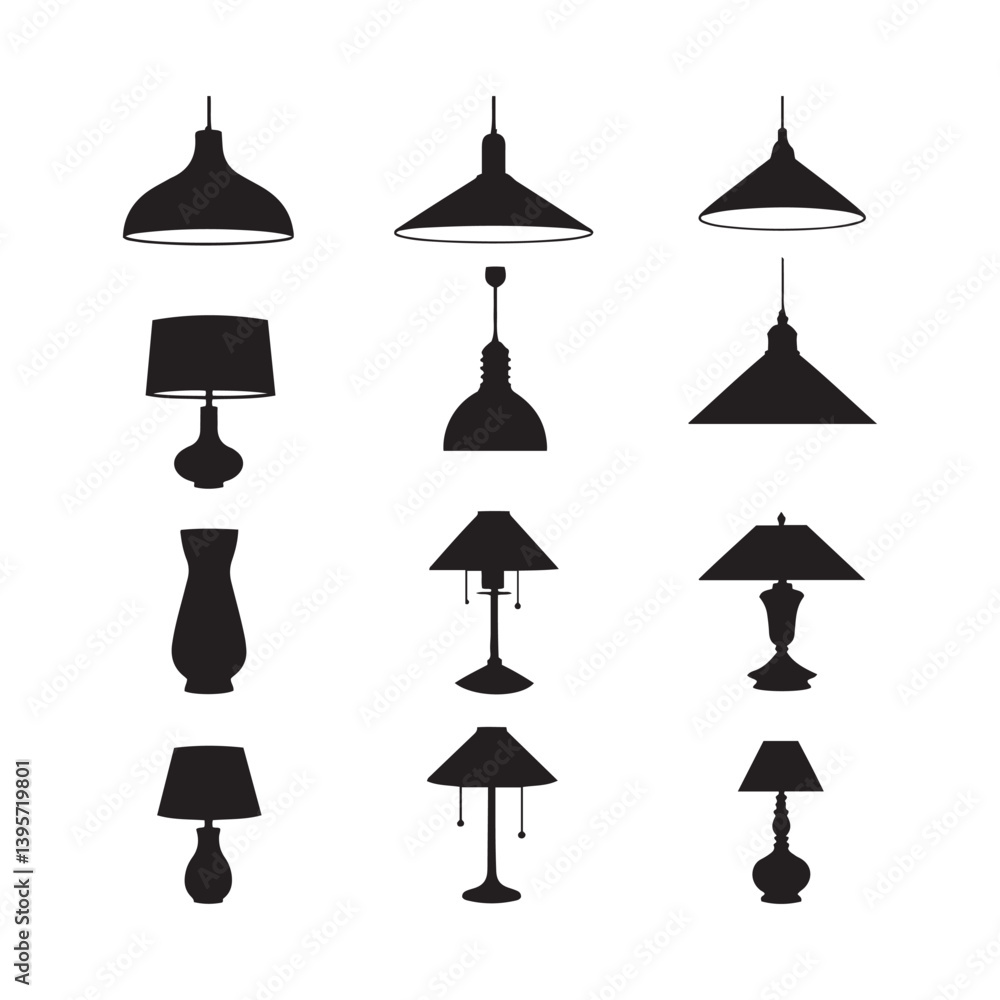 black silhouettes of various lamps arranged in a 4x4 grid on a white background black silhouettes of various lamps arranged in a 4x4 grid on a white background