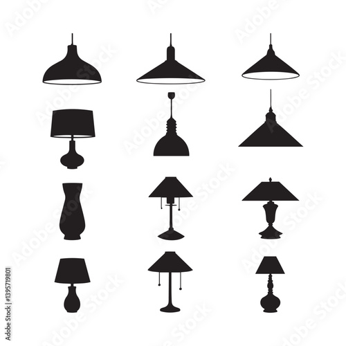 black silhouettes of various lamps arranged in a 4x4 grid on a white background