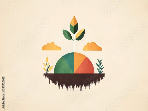 A colorful illustration of a flourishing ecosystem with a pie chart representing various elements.