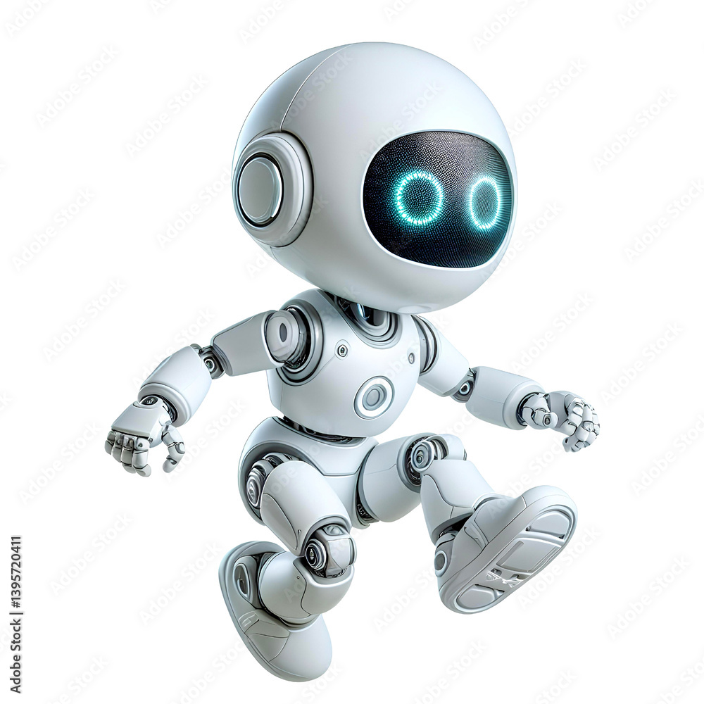White cute robot in running posture isolated on white background White cute robot in running posture isolated on white background