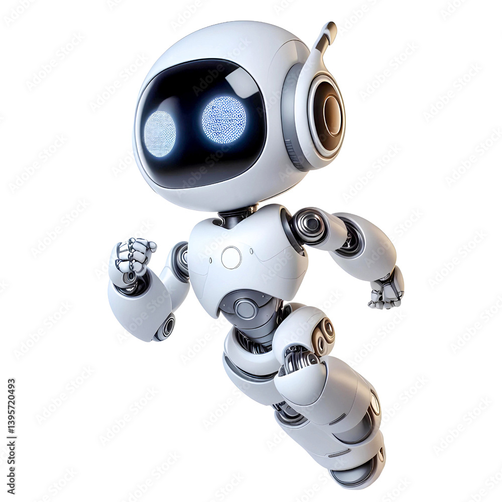 White cute robot in running posture isolated on white background White cute robot in running posture isolated on white background