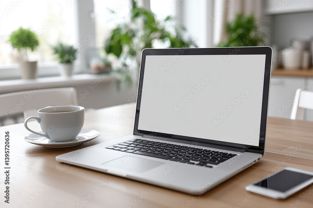 Modern home office setup featuring a laptop and coffee on a wooden table Modern home office setup featuring a laptop and coffee on a wooden table