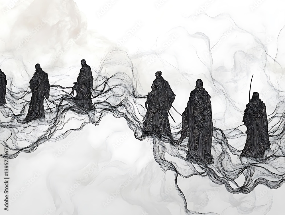 Silhouettes of warriors traversing a misty landscape.