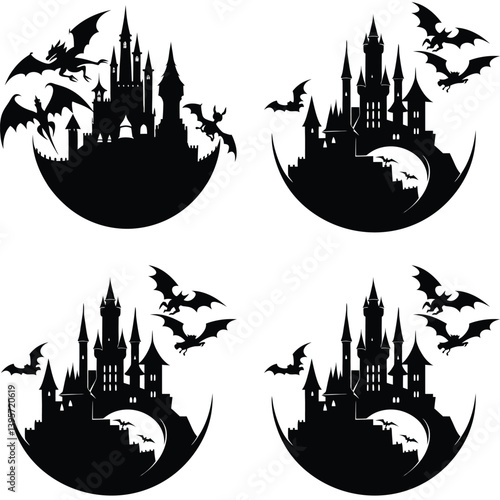 set of halloween banners, city silhouette vector set panorama city on white background