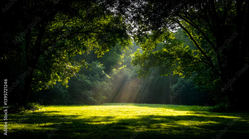 Fototapeta premium Sunlight Through Forest Trees on Grassy Meadow