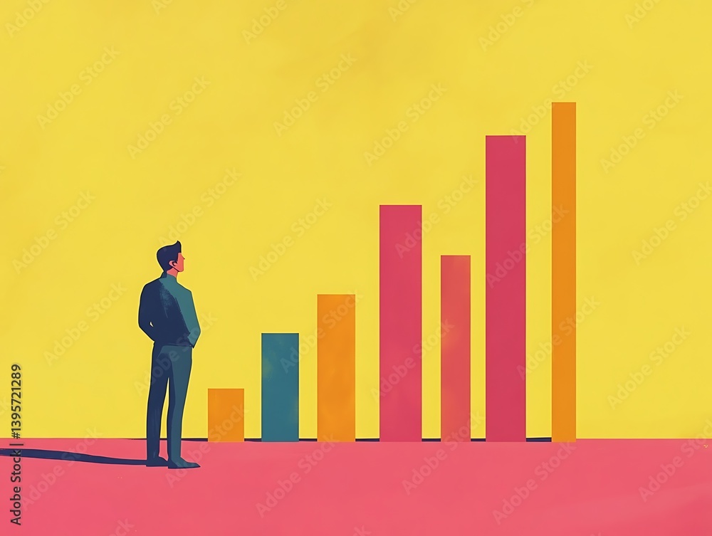 A businessman stands before a chart of increasing bar graphs.