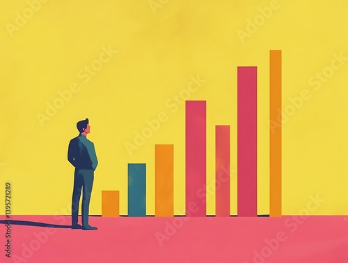 Obraz na płótnie A businessman stands before a chart of increasing bar graphs. w salonie