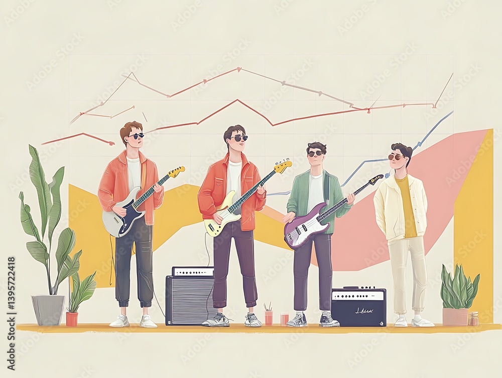 Four musicians playing instruments in a stylish illustration.