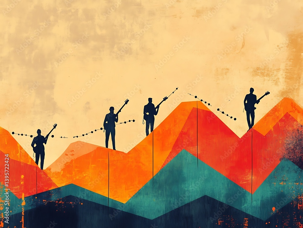 Musicians standing on a graph of declining success.