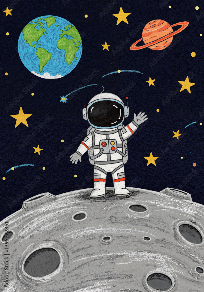 Fototapeta premium Cute astronaut waving on the moon with planets in the background 