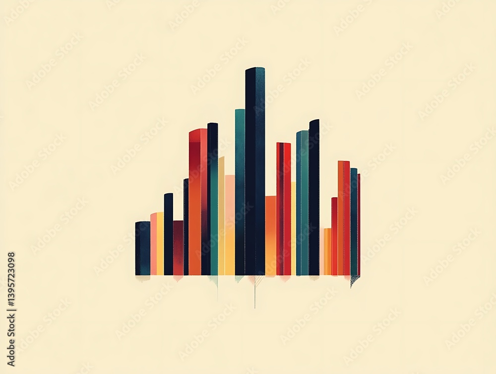 Abstract cityscape of colorful, vertical, geometric shapes.