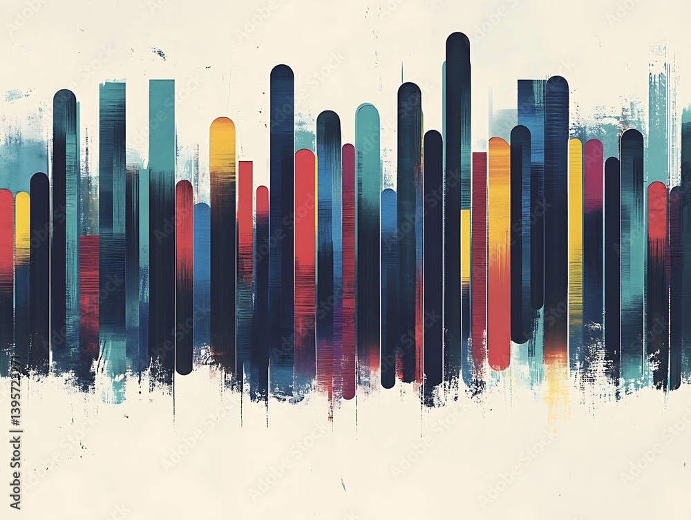 Abstract cityscape of vertical, colorful, textured forms.