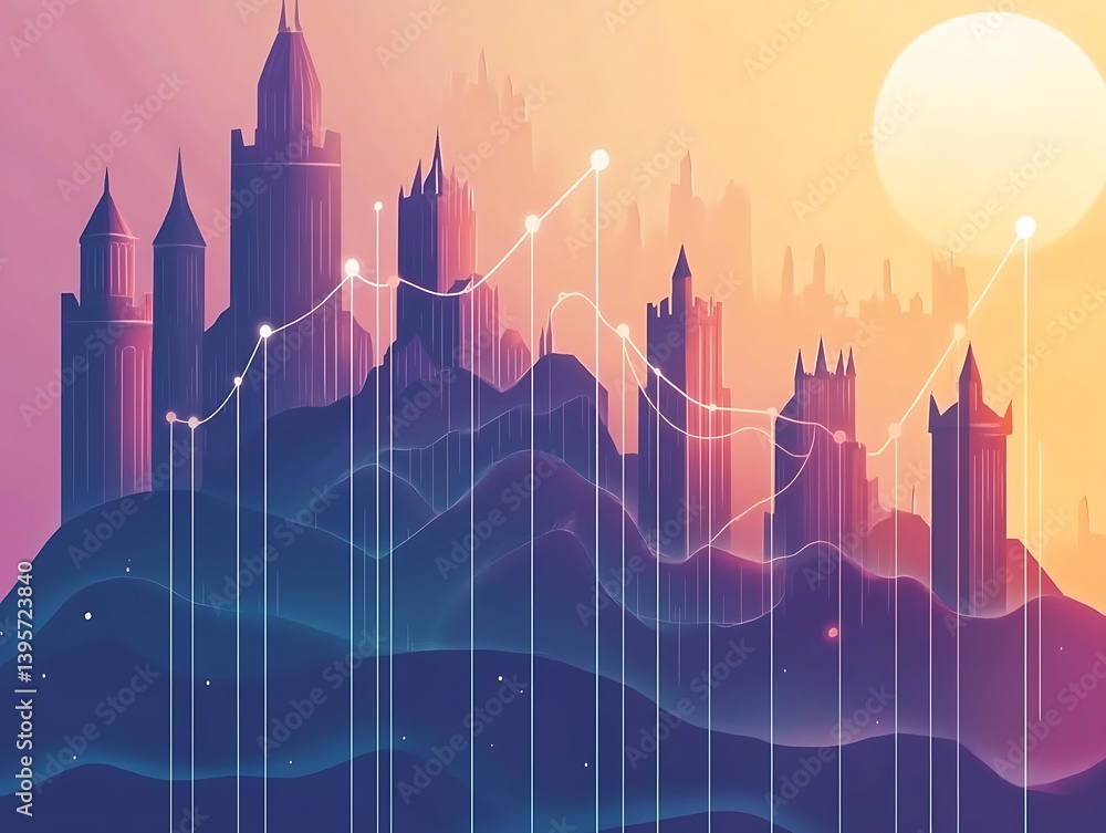 Urban growth visualized by a dynamic graph over a landscape.