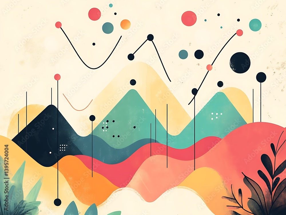 Abstract landscape with layered, colorful hills and data points.