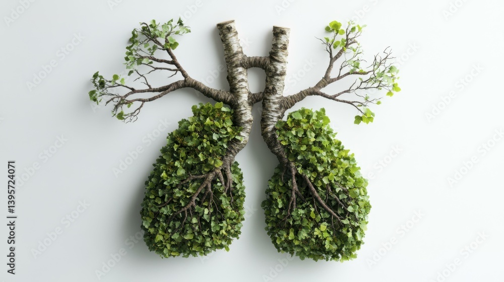 Fototapeta premium Green Leaf Lung Organ Tree Branches on White Background Symbolizing Respiratory Health